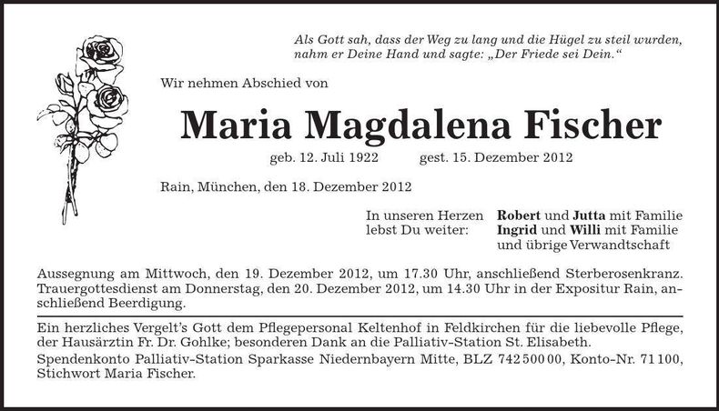 Traueranzeige Maria Magdalena Fischer