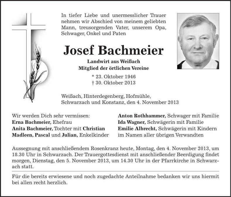 Traueranzeige Josef Bachmeier