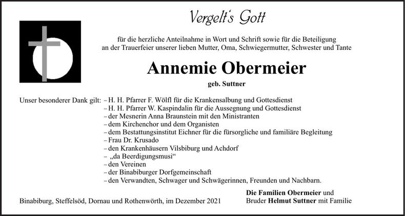 Traueranzeige Annemie Obermeier