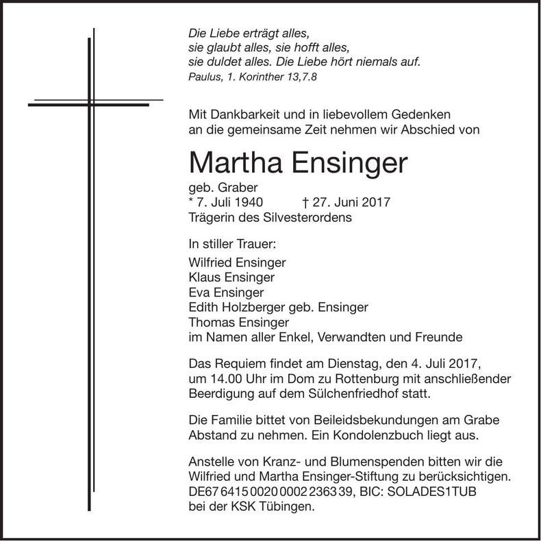 Traueranzeige Martha Ensinger