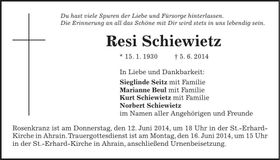 Traueranzeige Resi Schiewietz