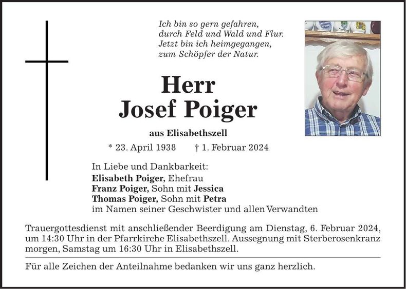 Traueranzeige Josef Poiger