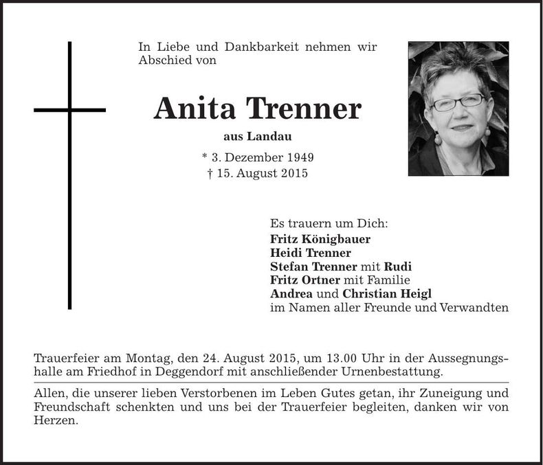 Traueranzeige Anita Trenner