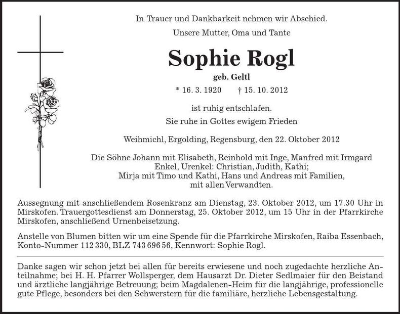 Traueranzeige Sophie Rogl