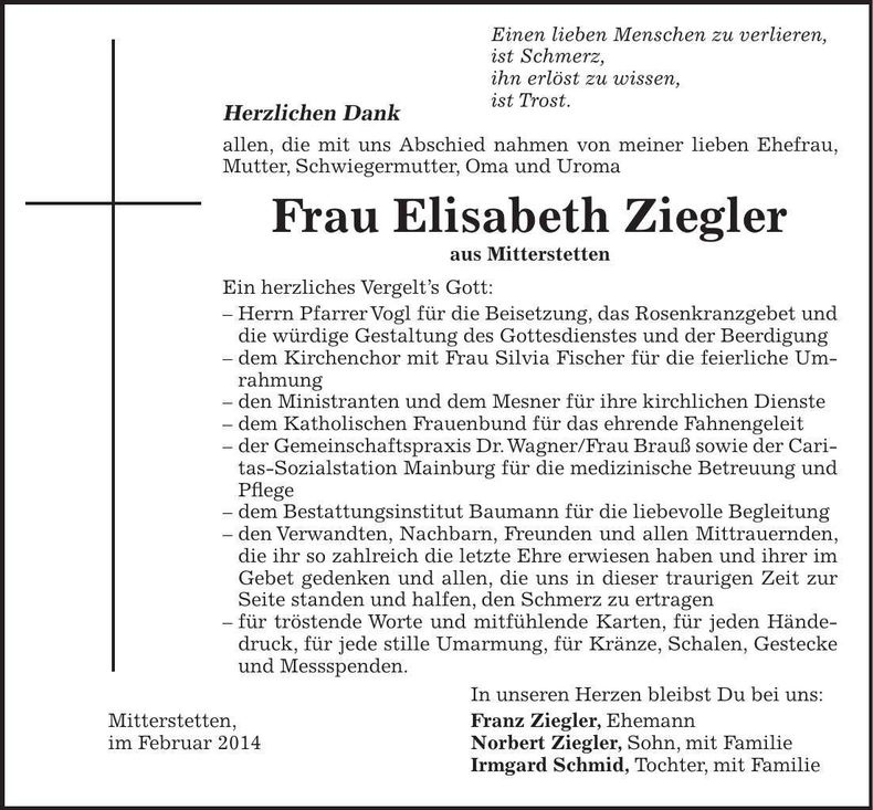 Traueranzeige Elisabeth Ziegler