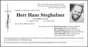 Traueranzeige Hans Steghafner