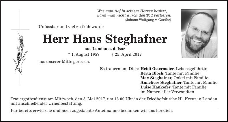 Traueranzeige Hans Steghafner