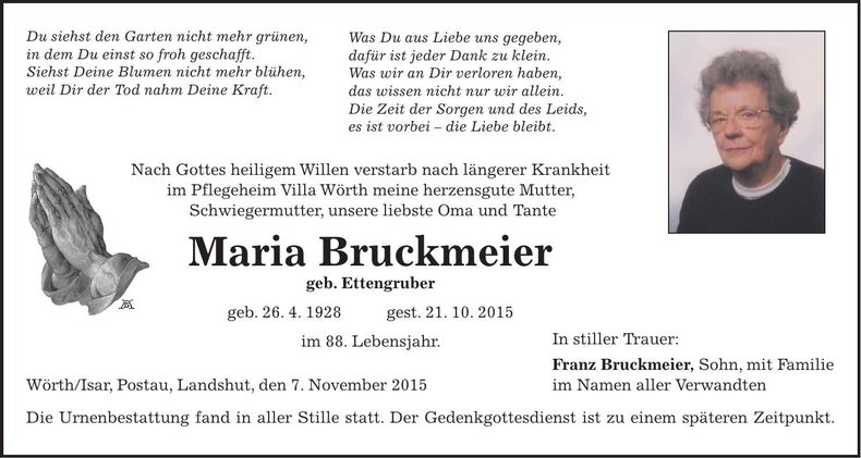 Traueranzeige Maria Bruckmeier