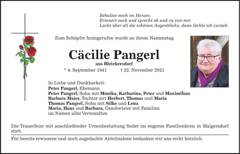 Traueranzeige Cäcilie Pangerl