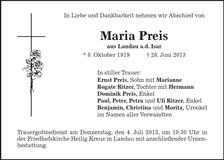 Traueranzeige Maria Preis