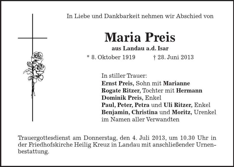 Traueranzeige Maria Preis