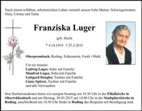 Traueranzeige Franziska Luger