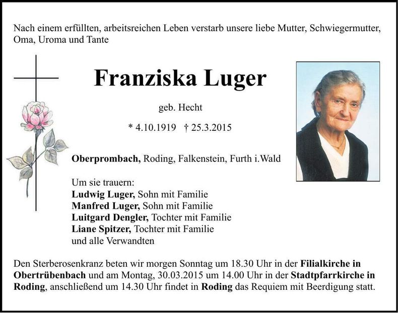 Traueranzeige Franziska Luger