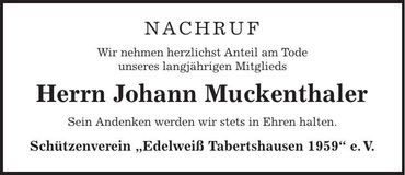 Traueranzeige Johann Muckenthaler