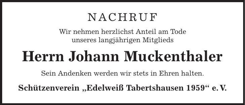 Traueranzeige Johann Muckenthaler