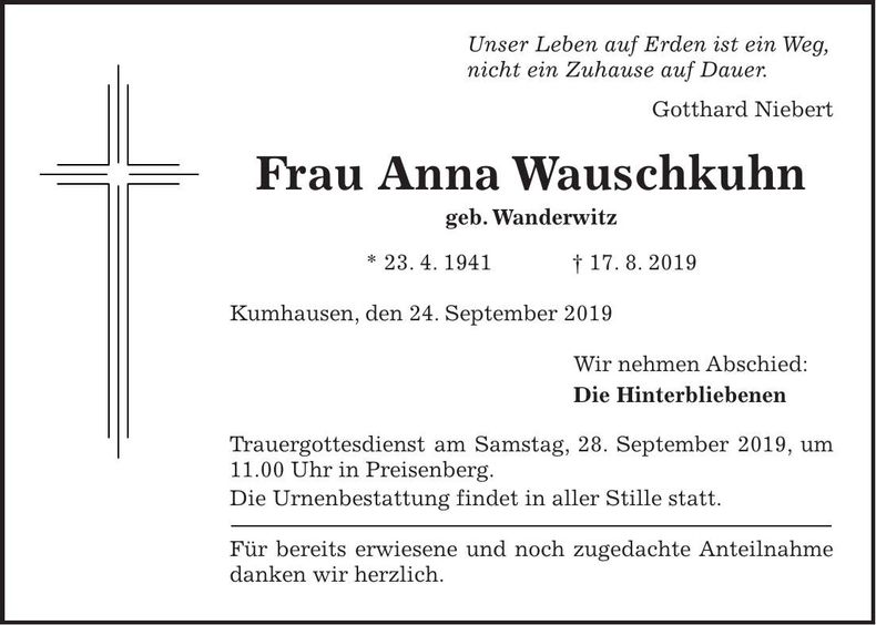 Traueranzeige Anna Wauschkuhn