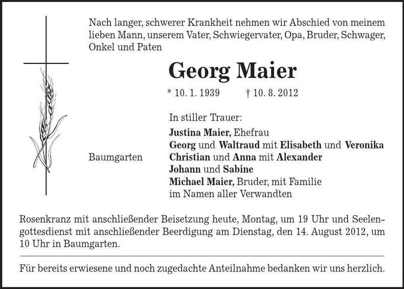 Traueranzeige Georg Maier
