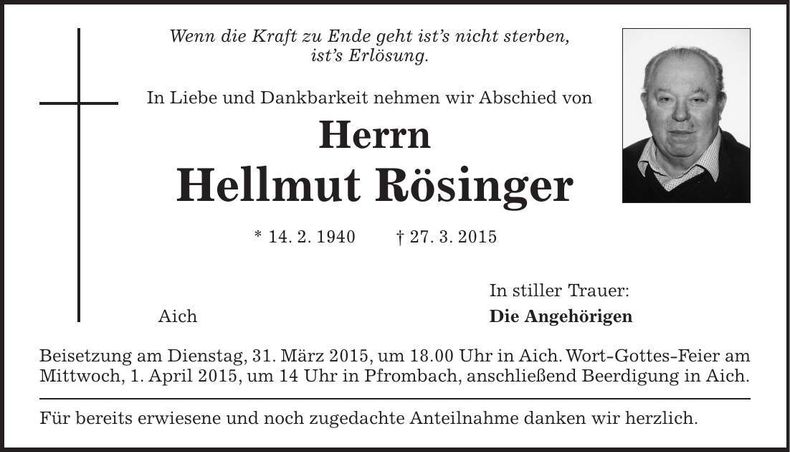 Traueranzeige Hellmut Rösinger