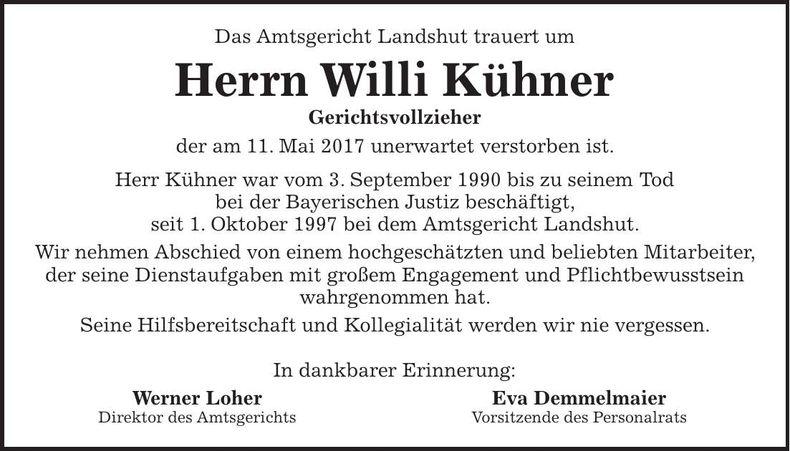 Traueranzeige Willi Kühner