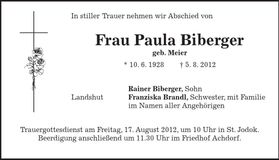 Traueranzeige Paula Biberger