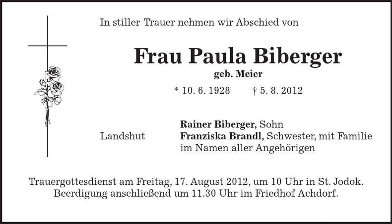 Traueranzeige Paula Biberger