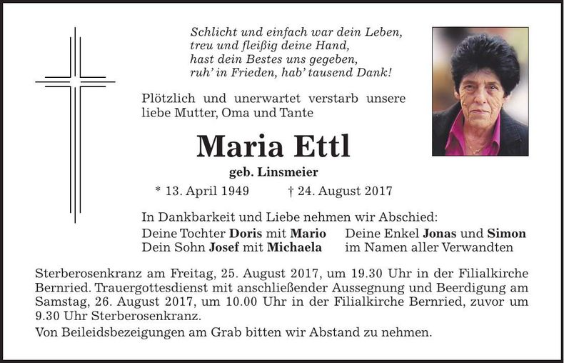 Traueranzeige Maria Ettl