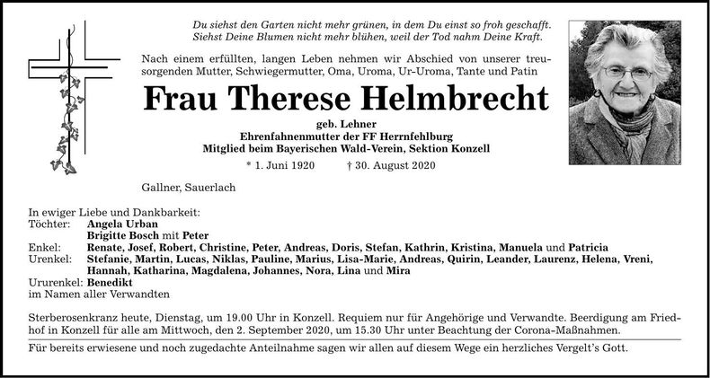 Traueranzeige Therese Helmbrecht