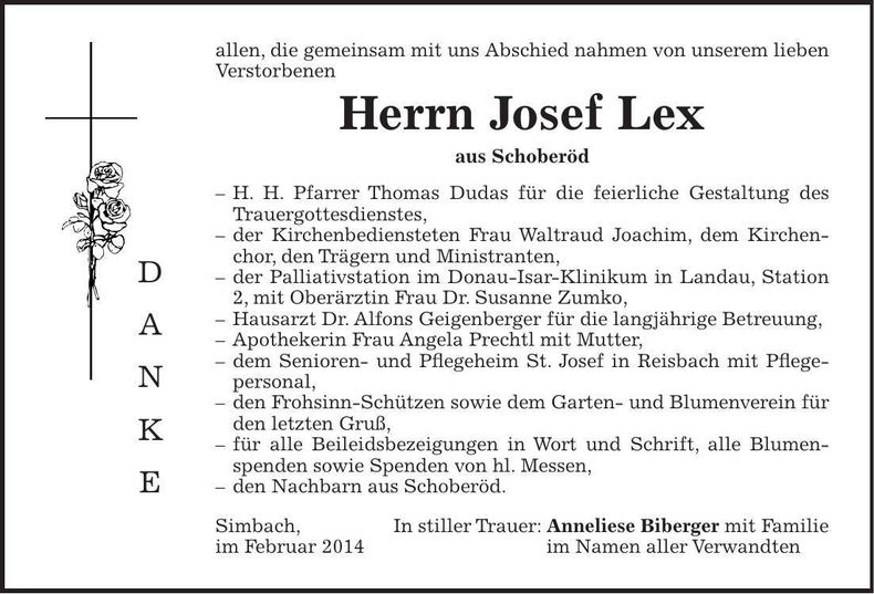 Traueranzeige Josef Lex