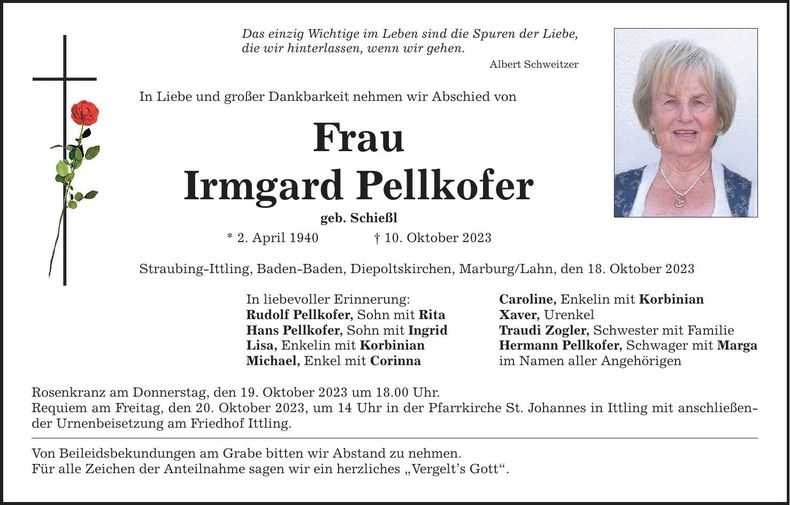 Traueranzeige Irmgard Pellkofer