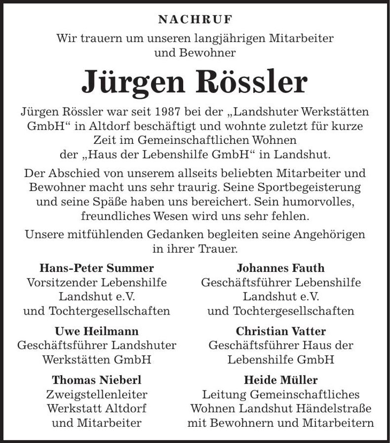 Traueranzeige Jürgen Rössler