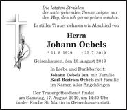 Traueranzeige Johann Oebels