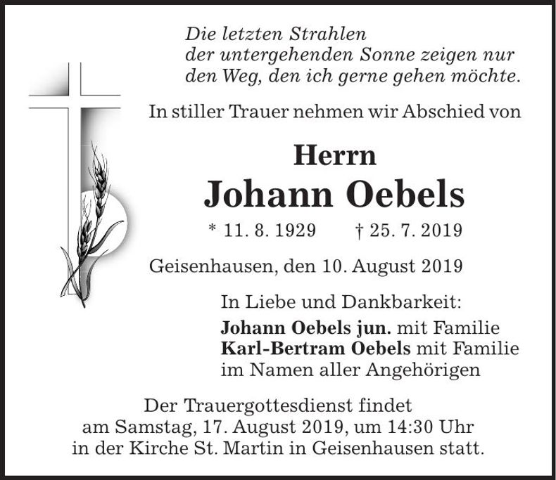 Traueranzeige Johann Oebels