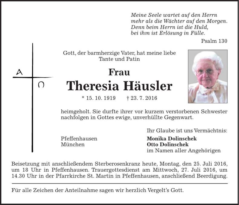 Traueranzeige Theresia Häusler