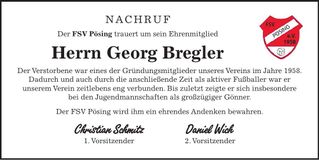 Traueranzeige Georg Bregler