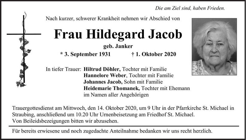Traueranzeige Hildegard Jacob