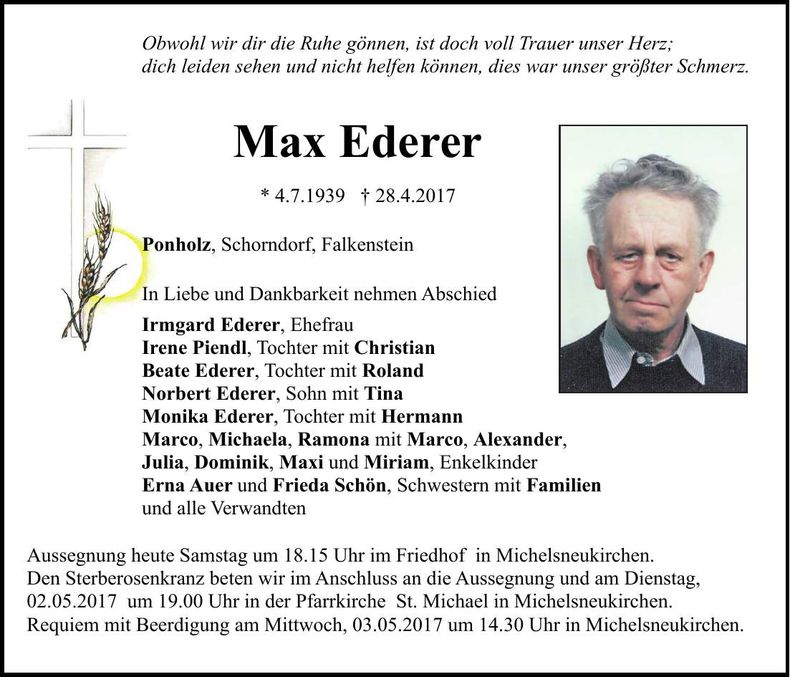 Traueranzeige Max Ederer