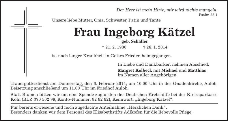 Traueranzeige Ingeborg Kätzel