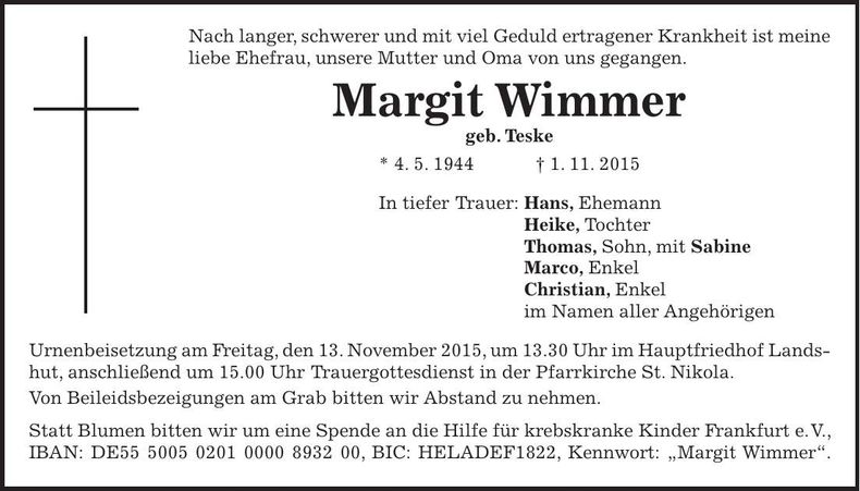 Traueranzeige Margit Wimmer
