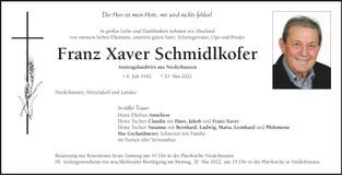 Traueranzeige Franz Xaver Schmidlkofer