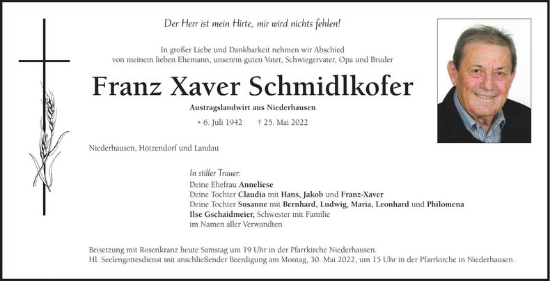 Traueranzeige Franz Xaver Schmidlkofer
