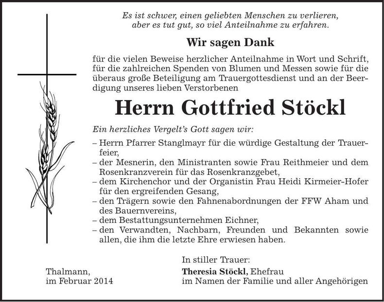 Traueranzeige Gottfried Stöckl