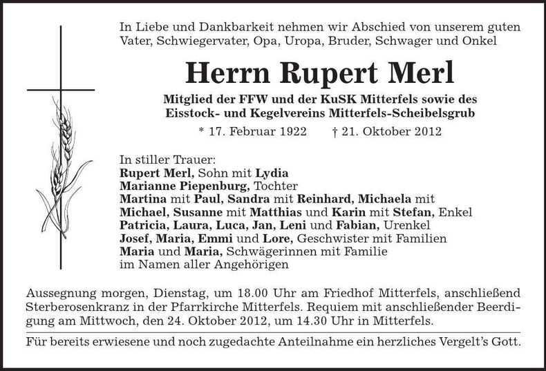 Traueranzeige Rupert Merl