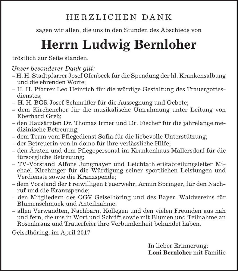 Traueranzeige Ludwig Bernloher