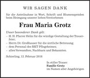 Traueranzeige Maria Grotz