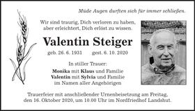 Traueranzeige Valentin Steiger