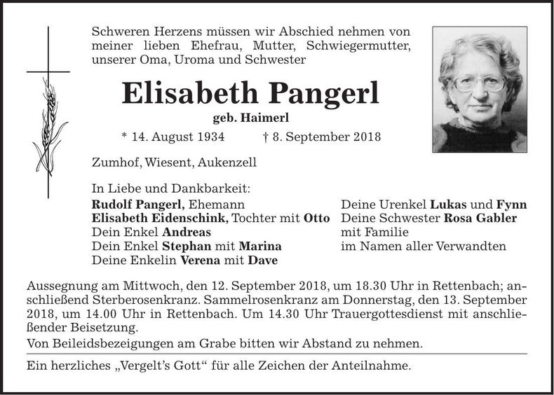 Traueranzeige Elisabeth Pangerl
