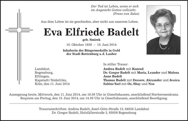 Traueranzeige Eva Elfriede Badelt