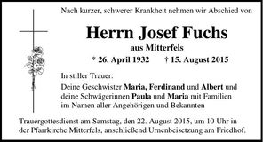 Traueranzeige Josef Fuchs