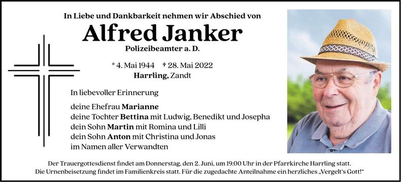Traueranzeige Alfred Janker