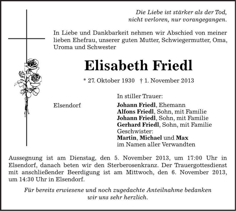 Traueranzeige Elisabeth Friedl